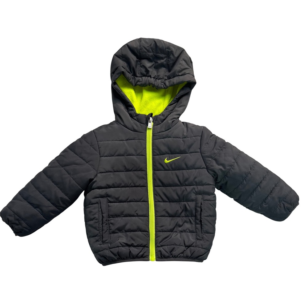 Nike Baby Puffer Jacket 12M Grey Neon Yellow Hooded Fleece Lined Coat
